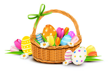 Colorful decorated easter basket with painted easter eggs and tulip flowers