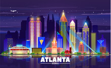 Atlanta (Georgia ) Night City Skyline Sky Background. Flat Vector Illustration. Business Travel And Tourism Concept With Modern Buildings. Image For Banner Or Web Site.