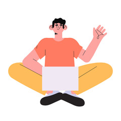 Man with laptop sitting and waving hand saying hello and welcome. Concept illustration for working, freelancing, studying, education or work from home. Vector illustration in flat cartoon style.