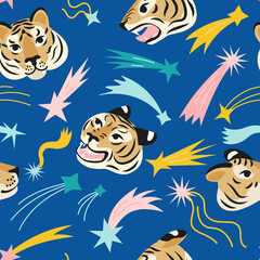 Seamless pattern with wild tigers and abstract geometric elements