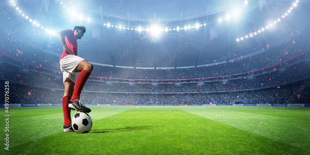 Football Rendering Football player and stadium with spotlights, 3d rendering Stock Photo ...
