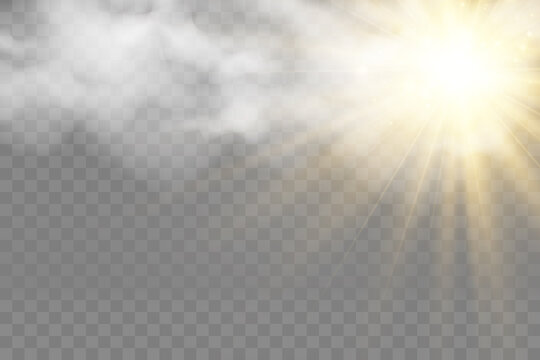Vector illustration of the sun shining through the clouds. Sunlight. Cloudy vector.	
