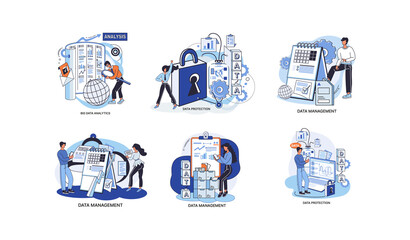 Big data analytics platform, data management and protection creative metaphor set abstract concept. Data center room disk infrastructure business information safety. Technology Internet and network