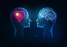 Futuristic Emotional And Intellectual Intelligence Concept With Human Heads With Heart And Brain