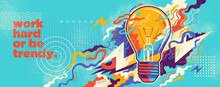 Conceptual Abstract Illustration In Grangy Style, With Light Bulb And Colorful Splashing Shapes. Vector Illustration.
