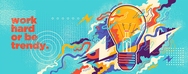Wall Mural - Conceptual abstract illustration in grangy style, with light bulb and colorful splashing shapes. Vector illustration.