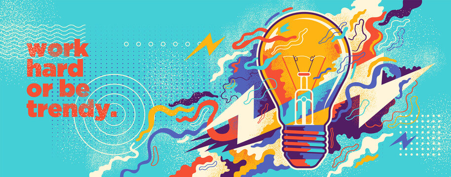 conceptual abstract illustration in grangy style, with light bulb and colorful splashing shapes. vec