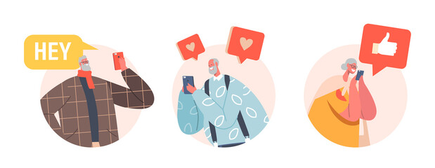 elderly people communicate in social networks isolated icons. senior male and female characters with