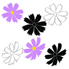 Wall Mural - Set of cosmos flower branch vector simple illustration isolated on white background. Black outline hand drawn sketch and colored version. Floral vector for childrens illustration, summer design.