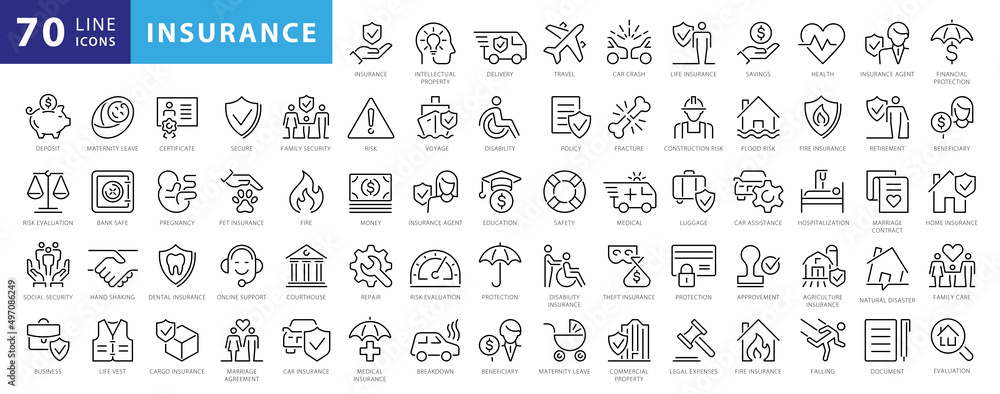 Vetor Insurance elements - minimal thin line web icon set. Outline ...