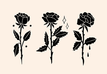 Wall Mural - set of black roses. blossoming rose silhouettes. abstract modern elegant floral drawing. hand drawn 