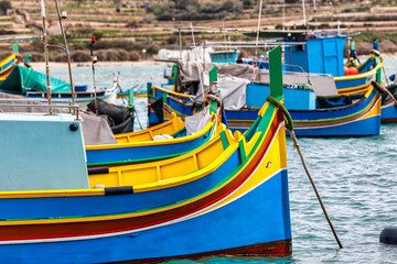 Wall Mural - Marsaxlokk harbor with multicoloured boats Malta