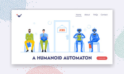  Humanoid Automation Landing Page Template. Cyborg VS People Concept. Robots and Human Characters Waiting Job Interview