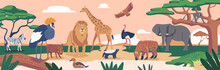 African Animals And Birds In Savannah Landscape. Crowned Crane, Zebra, Lion And Boar, Giraffe, Duck And Honey Badger