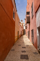 Wall Mural - narrow pedestrian alley leading through tall colorful pink houses