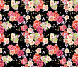 Fashion digital pattern photo print rose and tulip flowers - abstract  bright floral ornament on black background.