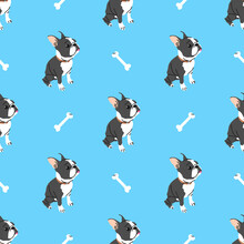CUTE BLACK WHITE FRENCH BULLDOG PUPPY WITH BONES SEAMLESS PATTERN BACKGROUND.