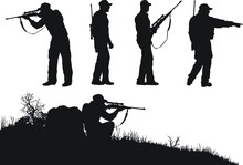 Vector silhouettes of an adult male hunting big game. He's holding a rifle and could be hunting deer, elk, bear, moose, coyote, cougar etc.