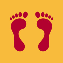 Female's Red Footprint Vector Illustration Isolated On Yellow Background. Newly Married Woman's Red Footprint. Happy Dhanteras, Goddess Lakshmi Footprint. EPS 10 File Format.