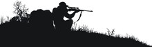 Vector Silhouettes Of An Adult Male Hunting Big Game. He's Holding A Rifle And Could Be Hunting Deer, Elk, Bear, Moose, Coyote, Cougar Etc.