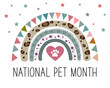 National Pet Month vector concept. Cute rainbow, stars, pet paw print and heart on a white background.