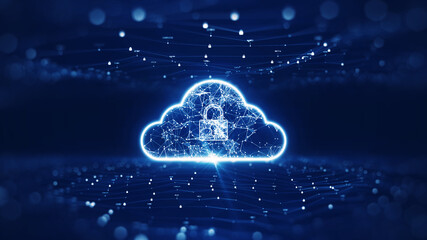 Poster - cloud computing technology concept transfer database backup. There is a prominent large cloud icon in the center of the polygon with a dark blue background.