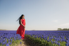 Asian Girl In Classic Long Red Dress Standing In Field Of Blue Grape Flowers In Spring