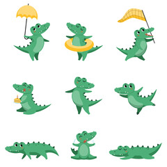 Wall Mural - Cute crocodile in different poses cartoon illustration set. Funny alligator sleeping, eating, standing under umbrella, celebrating birthday and dancing. Jungle, predator animal concept