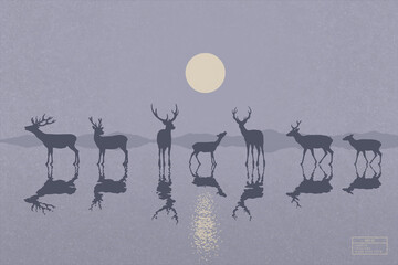 Poster - Deer family on frozen lake. Animal herd silhouette. Full moon at night