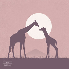 Sticker - Giraffe family in savannah. Animal silhouette. Full moon, starry night