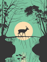 Sticker - Lonely deer in misty forest. Animal walk on fallen tree. Full moon
