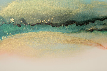 Art Abstract smoke watercolor painting blots horizontal background. Alcohol ink blue and gold glitter colors. Marble texture.