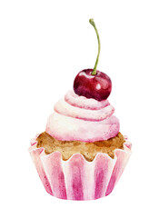 Wall Mural - Watercolor delicious cupcake with cherry isolated on white background.