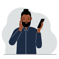 A man looks at a mobile phone. A man looks sadly at the phone he holds in his hand. Vector