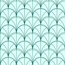 Green Art Deco Seamless Pattern. Abstract Floral Fan. Geometric Outline Shape. Editable Stroke. Vector Illustration
