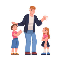 Father Talking to His Daughter and Son Answering Question and Explaining Something Vector Illustration