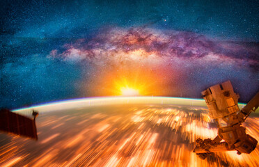 Wall Mural - landscape with milky way galaxy. sunrise, satellite and earth view from space with milky way galaxy.