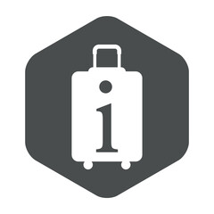 Poster - Logo suitcase. Icono plano con silueta de maleta con ruedas con letra i en hexágono color gris