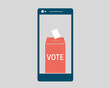 Concept of voting online using mobile phone. I vote now and put the ballot into the box over a smartphone.  politics, democracy, e-voting and online election background. Vector illustration