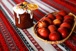 Easter eggs decorated with flower print in a basket on Ukrainian rushnyk with traditional homemade kulich
