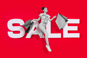 Poster - Artwork photo illustration of shopaholic girl running in open air up running with many bags spree big sale concept isolated red color background