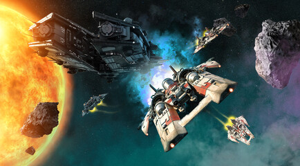 Poster - space fighters and mother ship 3D illustration