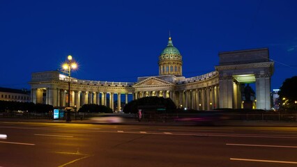 Sticker - St Petersburg, Russia. Illuminated Cathedral of Our Lady of Kazan, Russian Orthodox Church in Saint Petersburg, Russia at night with car traffic trail lights at the forefront. Time-lapse