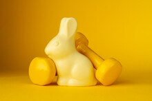 Chocolate Easter Bunny With Heavy Dumbbells On Yellow Background. Healthy Fitness Lifestyle Composition, Gym Workout And Training Concept. Cheat Day Temptation Vs Sticking To Diet.