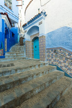 Morocco, Chefchaouen, Narrow Steps And Traditional Blue House