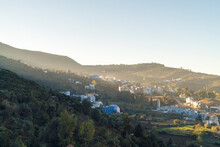Morocco, Chefchaouen, Aerial View Of Town On Hillside