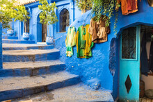 Morocco, Chefchaouen, Traditional Blue House And Steps