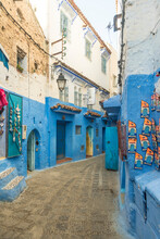 Morocco, Chefchaouen, Narrow Alley And Traditional Blue Houses