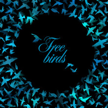 Round Frame Of Flying Blue Birds. Vector Illustration . Vector Illustration, Design Templates. Birds In A Flat Style, A Place For Text.