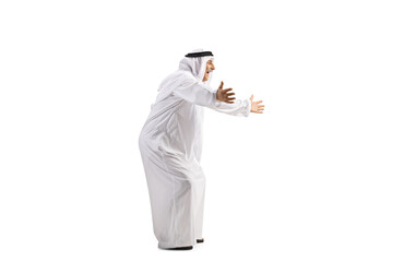 Poster - Full length profile shot of an arab man waiting with arms wide open